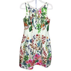 Gabby Skye womens floral fitted a-line dress pockets flare sz 4